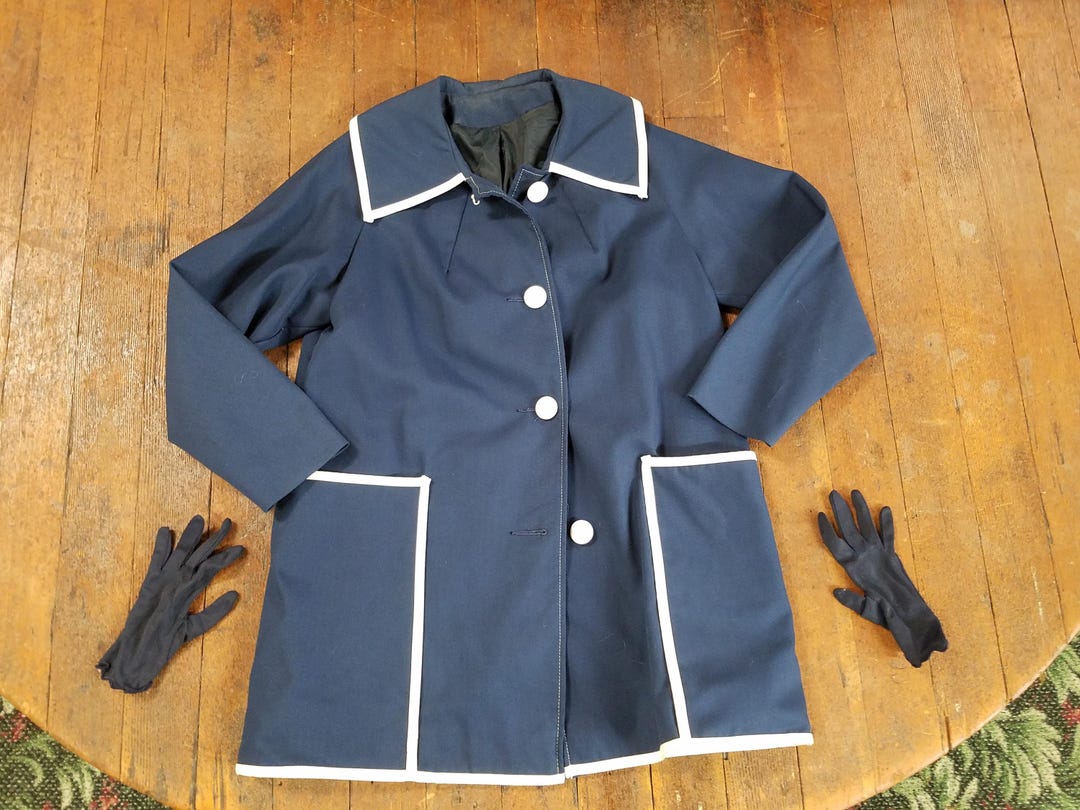 Vtg 1950's Super Cute Navy & White Corded Mod Trench Coat