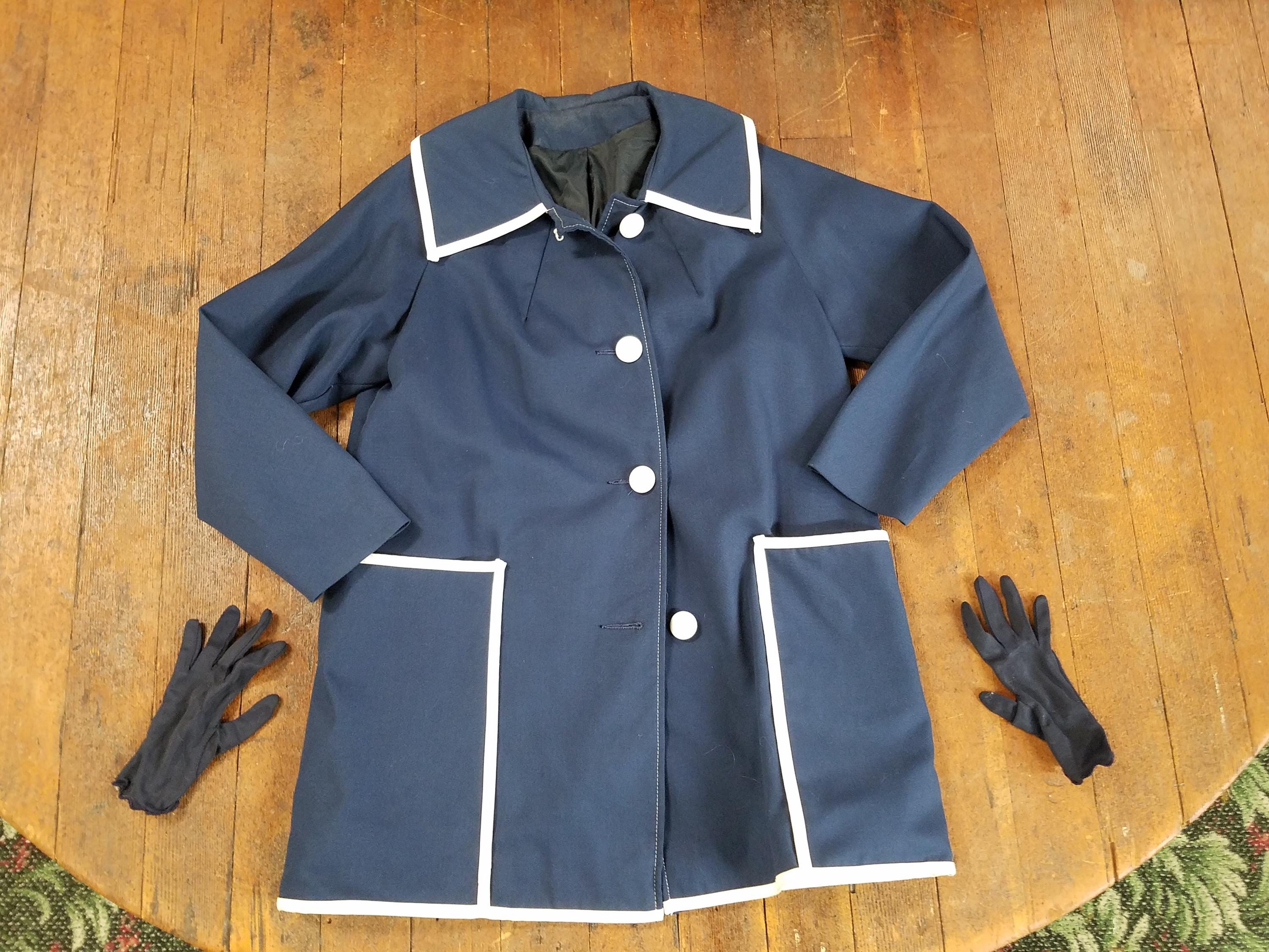 Vtg 1950's Super Cute Navy & White Corded Mod Trench Coat