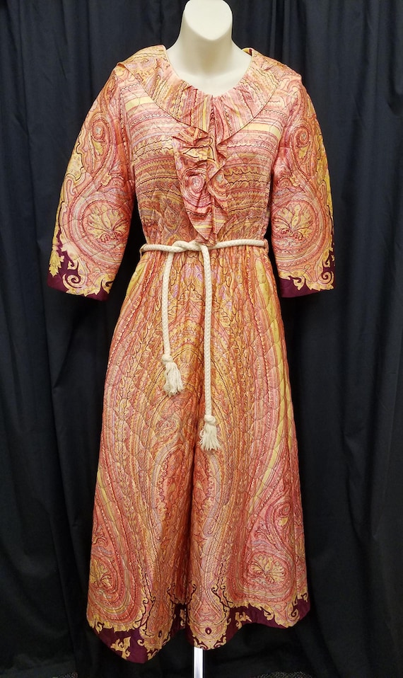 Vtg 1970s Orange Psychedelic Print Mod Romper Wide Leg Quilted