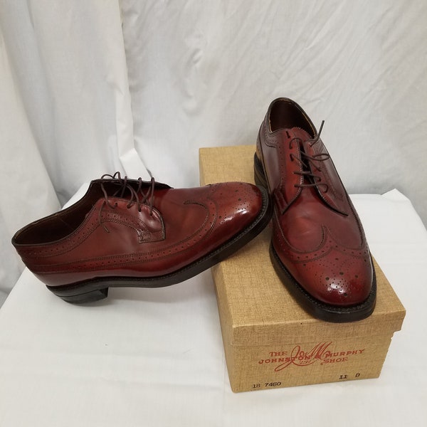 NIB Vintage 1960's Deadstock Johnston & Murphy Oiled Antique Wing-Tip Detailed Shoes Leather Brown Oxfords Lace Up Mens 11D