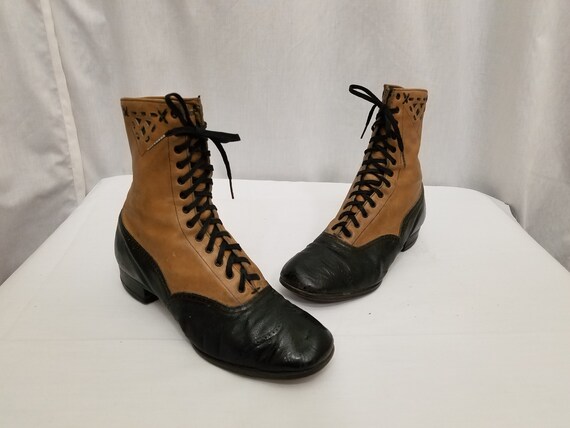 Authentic Antique 1910 Edwardian Black Brown Lace up Low Heel Leather Ankle Boots Booties With Leather Cutout Designs Size 4 Etsy UK
