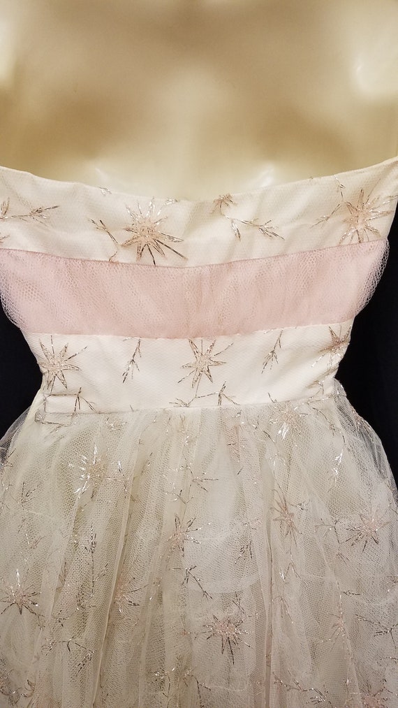 Vtg Princess 1950s Ivory & Pink Tulle Dress w Sta… - image 4