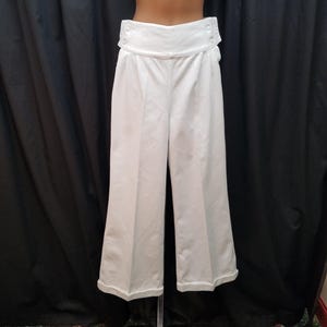 Vintage 28 Waist White Sailor Pant | High Rise Side Button Stiff Cotton Cuffed Trousers | US Navy Wide Leg Sailor Pants.  Measurements below