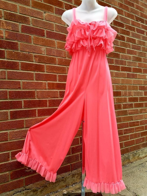 Vintage nylon bright Peach negligee jumpsuit size
