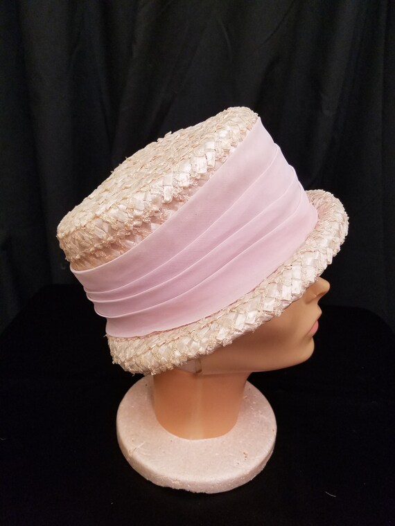 Vintage 1950s Cutts Pink Woven Straw w Pink Ribbo… - image 4