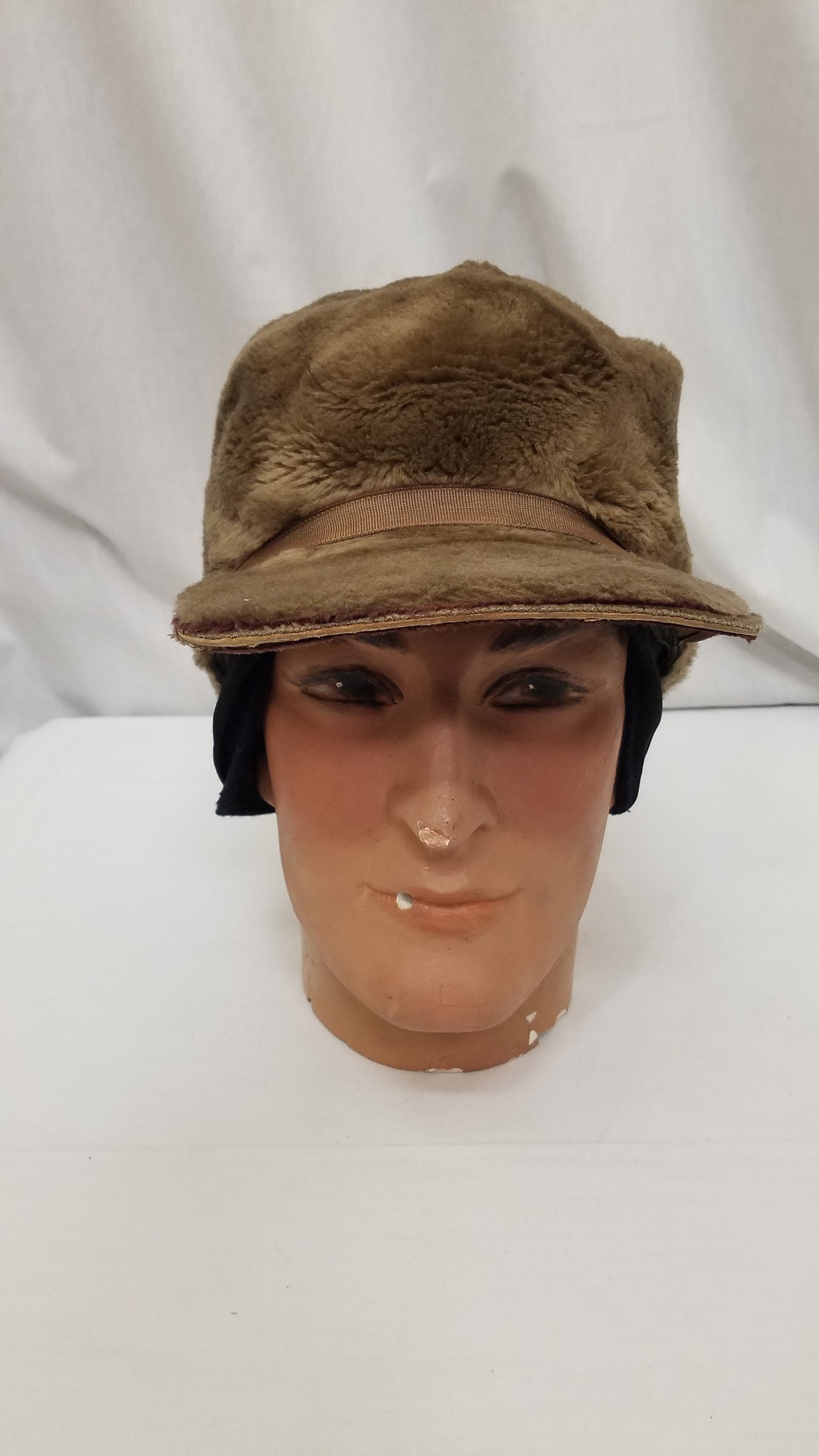 Vintage 1970's Brown Hunting Cap Heavy Duty Faux Fur W/brim