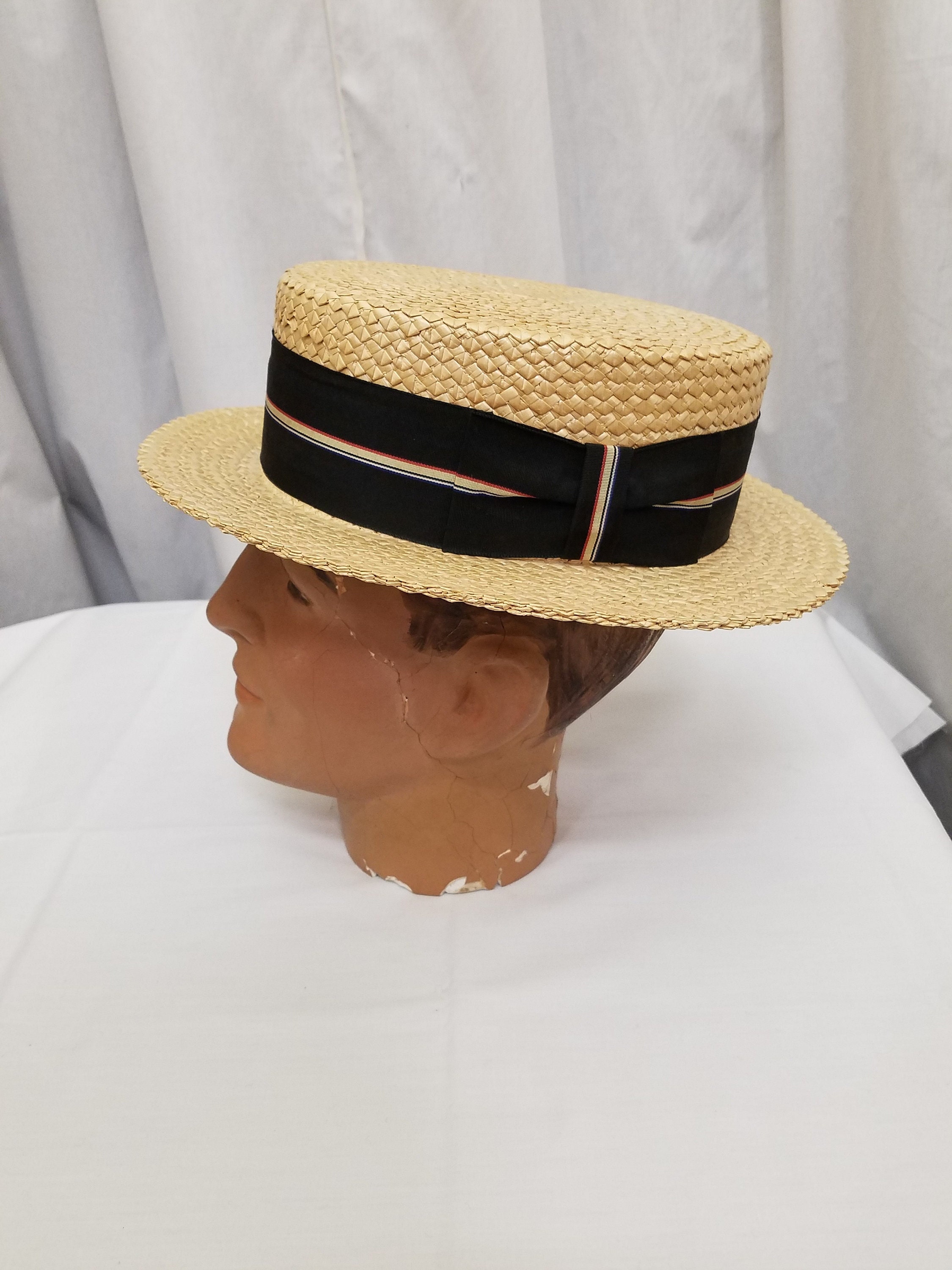 Vintage 1920's Genuine CHAMP Straw Boater Wide Brimmed Men's Hat Size 7 1/4  Collector