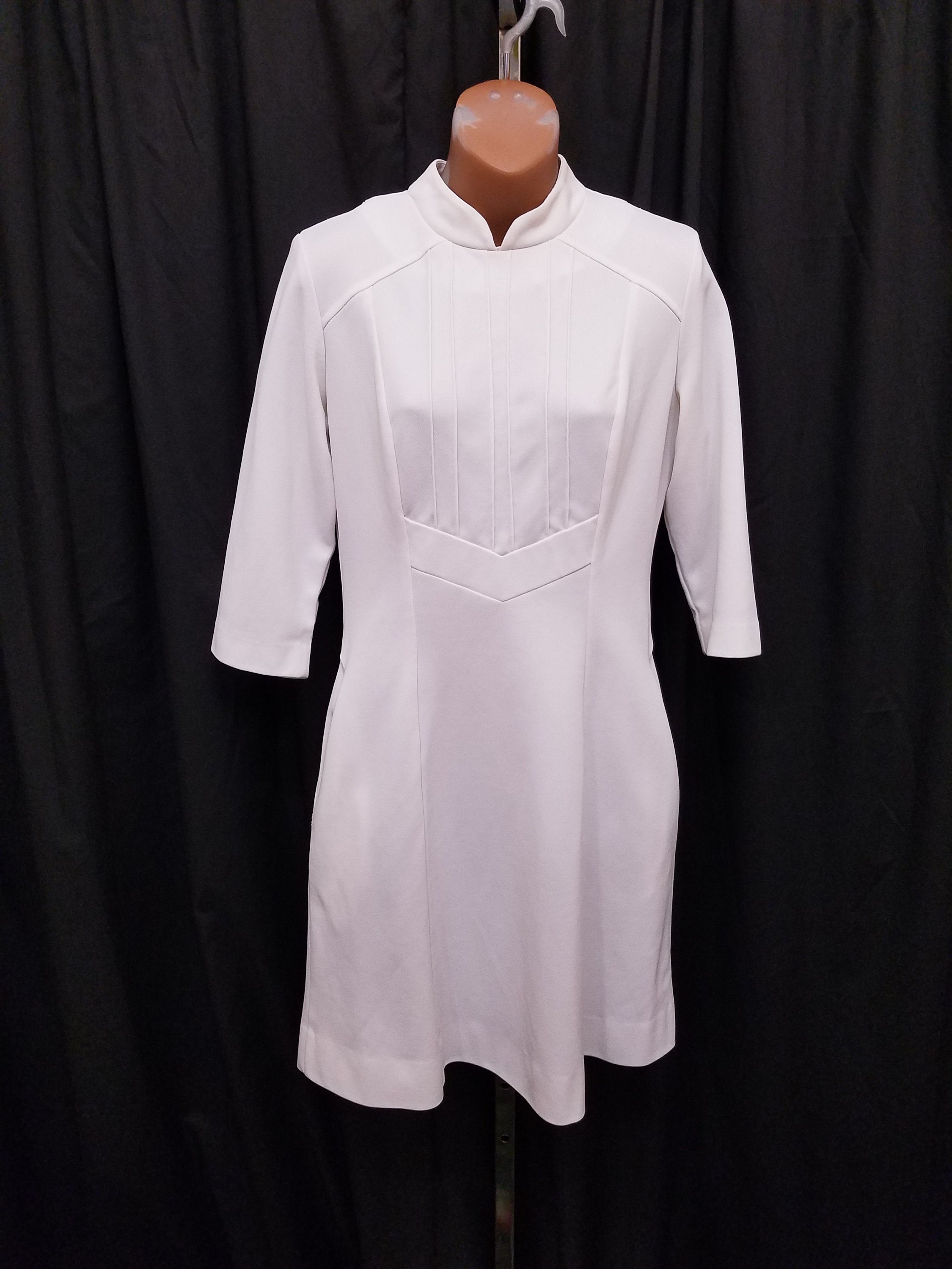 Vintage 1970 s White Swan White Nurse Maid Diner Smock Dress Polyester Peter Pan Collared 3 4 Sleeve Uniform Dress. Measurements Below Etsy