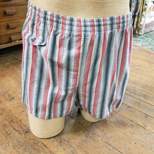 Vtg 1960s Brent Men&#39;s Large Cotton Surf Trunks Gray w Stripes Beach Shorts Swim Bathing Suit Briefs Swimsuit Adjustable, Measurements below
