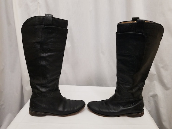 Frye, Vtg 1970s Frye Women's Knee High Black Leather Cowgirl Western Low Heeled Boots Size 7. Measurements Below
