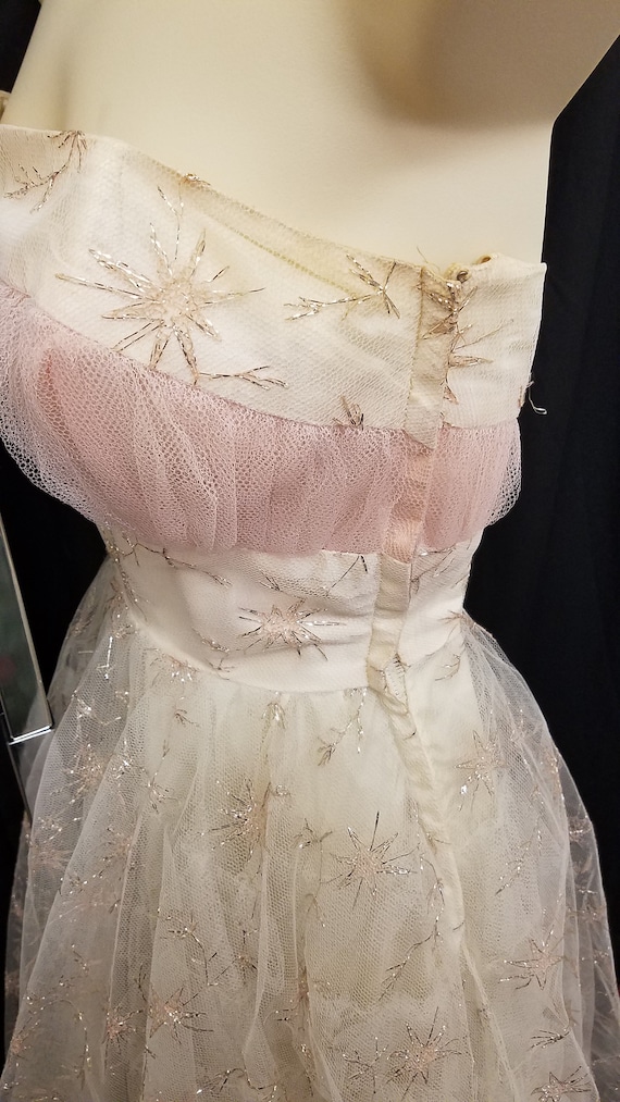 Vtg Princess 1950s Ivory & Pink Tulle Dress w Sta… - image 6