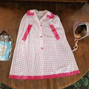 Vtg 1960s New Old Stock Vinyl White w Pink Polka Dots Rain Cape Coat Jacket w Matching Head Handkerchief & Original Packaging.