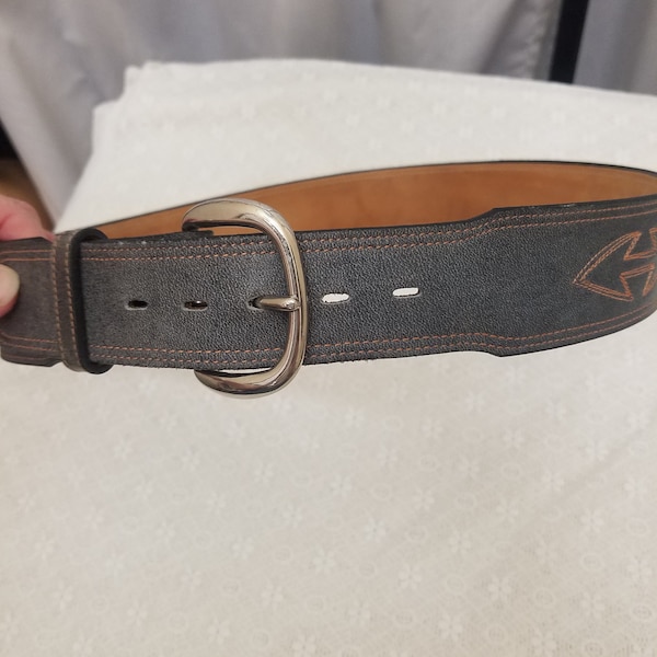 Vintage 1980s Original Tony Lama Blue/Gray Leather 36" Belt w Detailed Orange Stitching Accents, Silver Buckle, Excellent