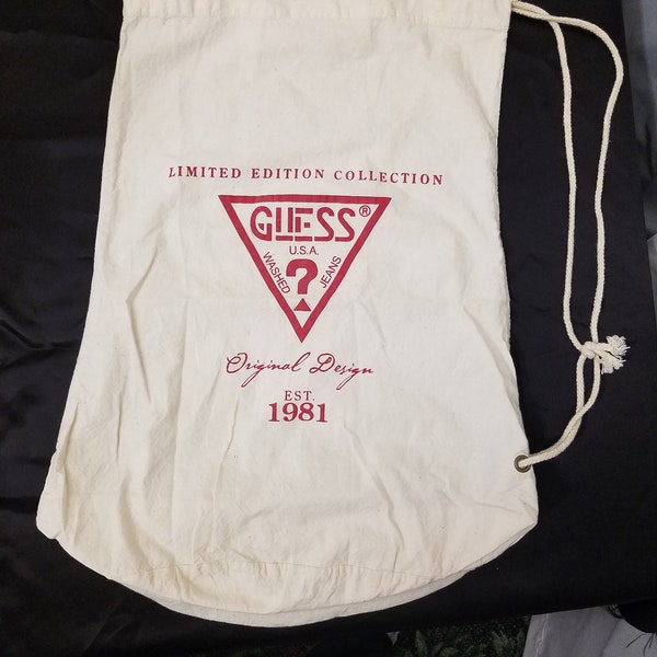 vintage 1980's Guess Édition Limitée Design Original Off-white Canvas Drawstring Gym Beach Sports Bag