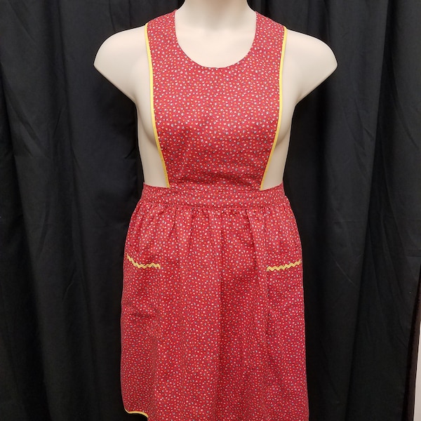 Vintage 1940s-1950s Dainty Red Floral Print w Yellow Ricrac Trim Cotton Full Bib Apron/ Smock/ Pinafore