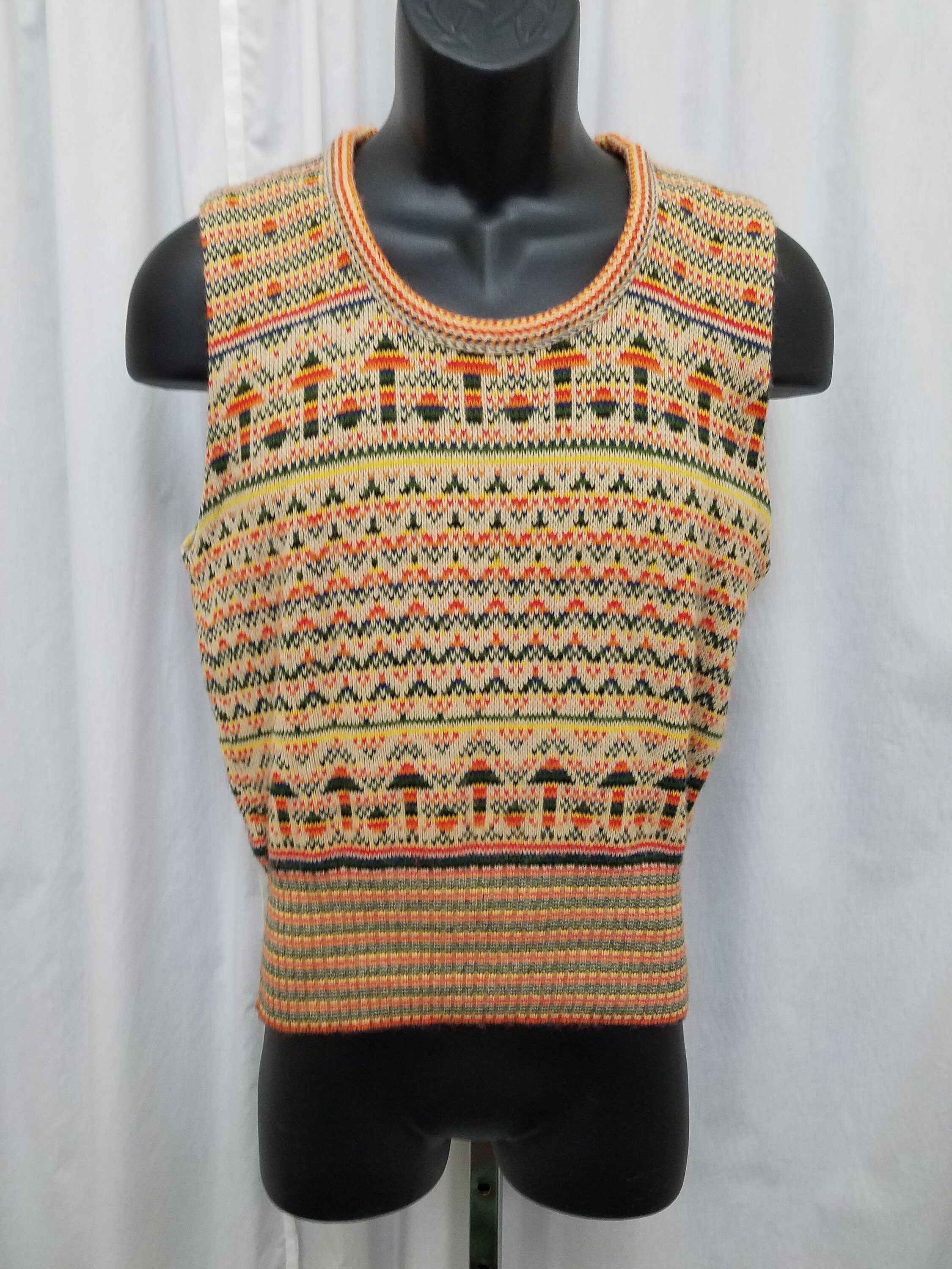 トップス 60's Campus Acryl sweater Vtg 60s Expressions by Campus Cream, Green, Orange, & Yellow