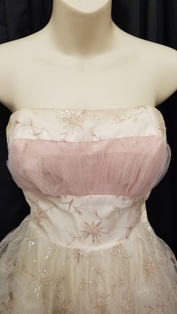 Vtg Princess 1950s Ivory & Pink Tulle Dress w Sta… - image 2