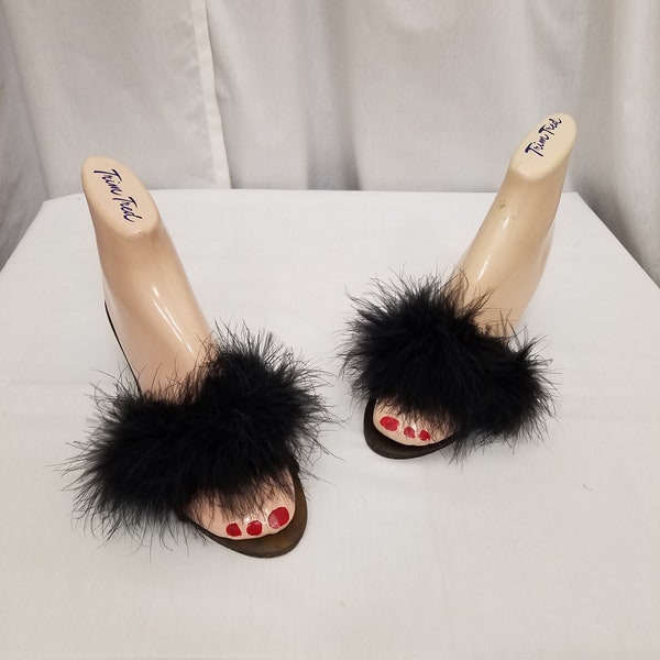 Vintage 1970s Hollywood Glamour Black Kitten Heel Feather Boudoir Sexy Slippers Women Size 6