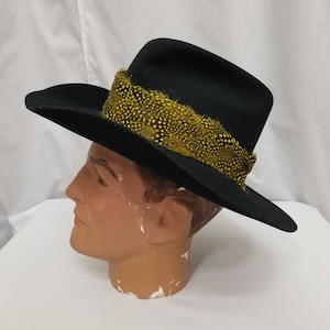 Pode incluir: Um chapéu de cowboy de feltro preto com aba larga e uma faixa de penas amarelas com manchas pretas.