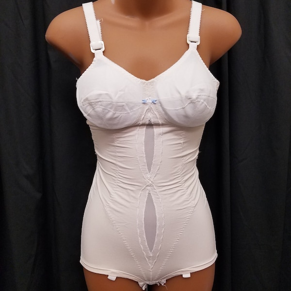 Vtg 1960's Playtex I Can't Believe It's A Girdle All-in-one 34B Ivory w Sheer Accents Full-Body Bullet Bra Corset Girdle Garters, Corsalette