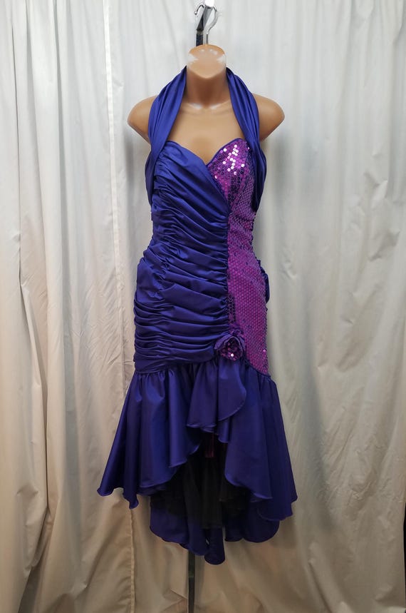 Vtg Lizette Creations 1980's Purple & Pink Sparkly Sequin Ruffled Puffy Formal Corset Party Prom Halter Dress, measurements below.