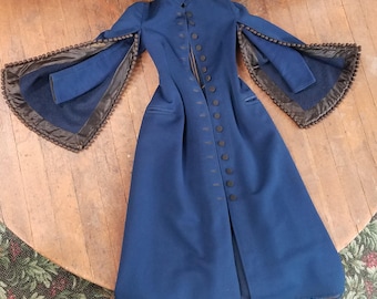 Magnificent Antique 1900's Authentic Navy Blue Wool Cashmere Long Military Style Coat Jacket, Cape Sleeves w Pom Poms, S, Measurements below