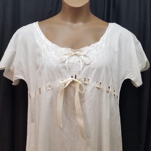 XL Antique 1900s Victorian Edwardian White Cotton Embroidered Eyelet w Ribbon Nightie Nightgown Underslip Lingerie Dress. See Measurements