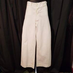 Vintage 28 Waist White Sailor Pant | High Rise Button Fly Cotton Trousers | US Navy Wide Leg Sailor Pants.  Measurements below.