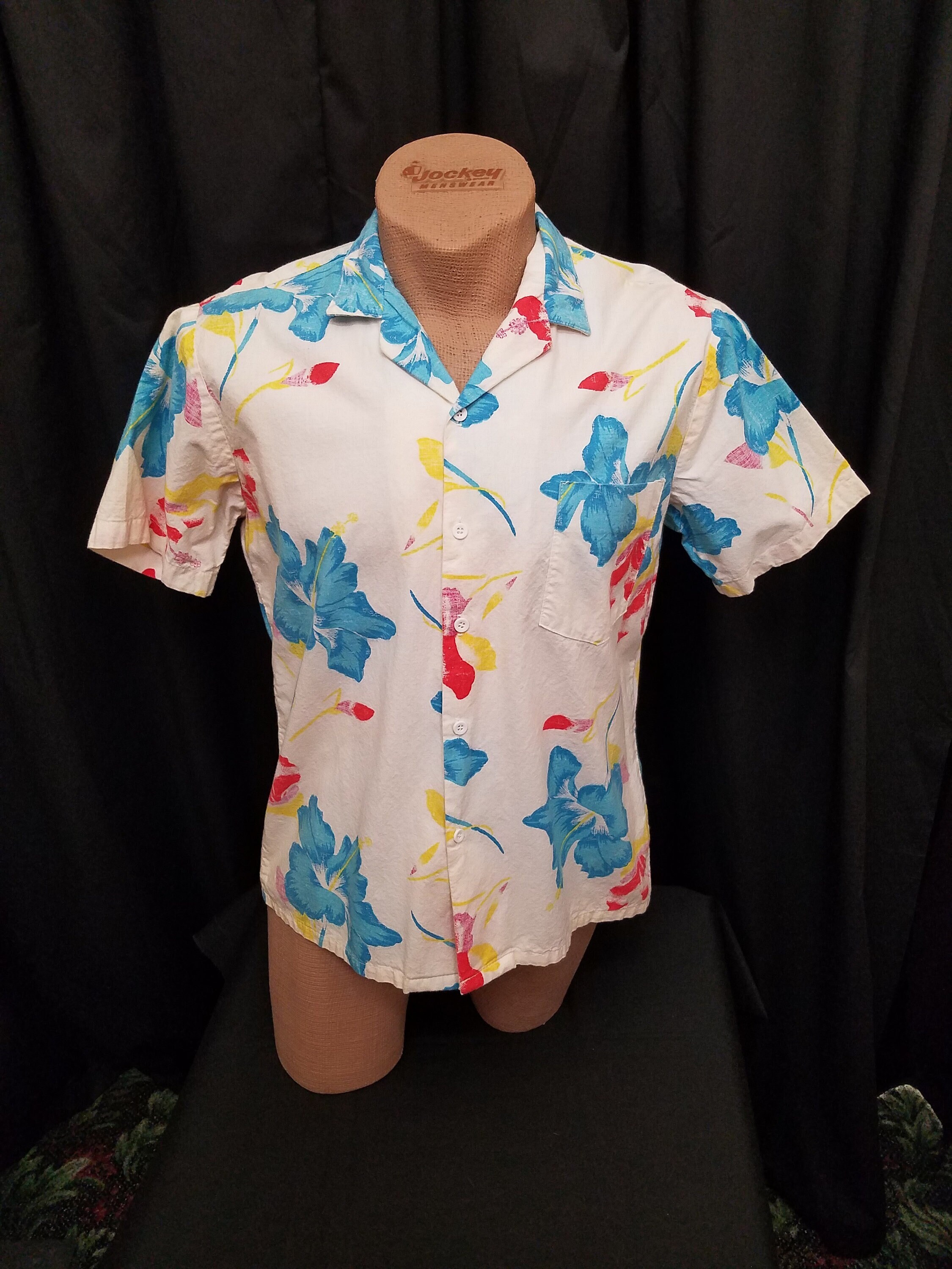 トップス VintageHawaiianShirt Made in California Vtg 60's Styled in California Hawaiian White W Blue, Yellow