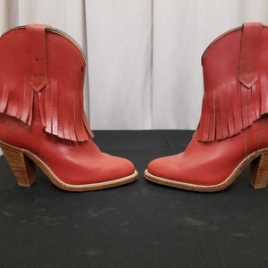 Vintage 1970s Frye Rust Leather Fringed Mid Calf Cowgirl Boots Ladies Size 5 1/2, Stacked Wood Heel, Western Hippie Boho. Measurements Below