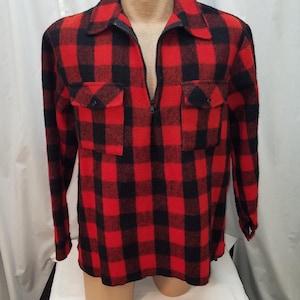 Vtg Egmont New Zealand Wool Pullover Bush Shirt Red & Black Plaid Barn Shacket Quarter Zip, Lumberjack 48, Measurements below