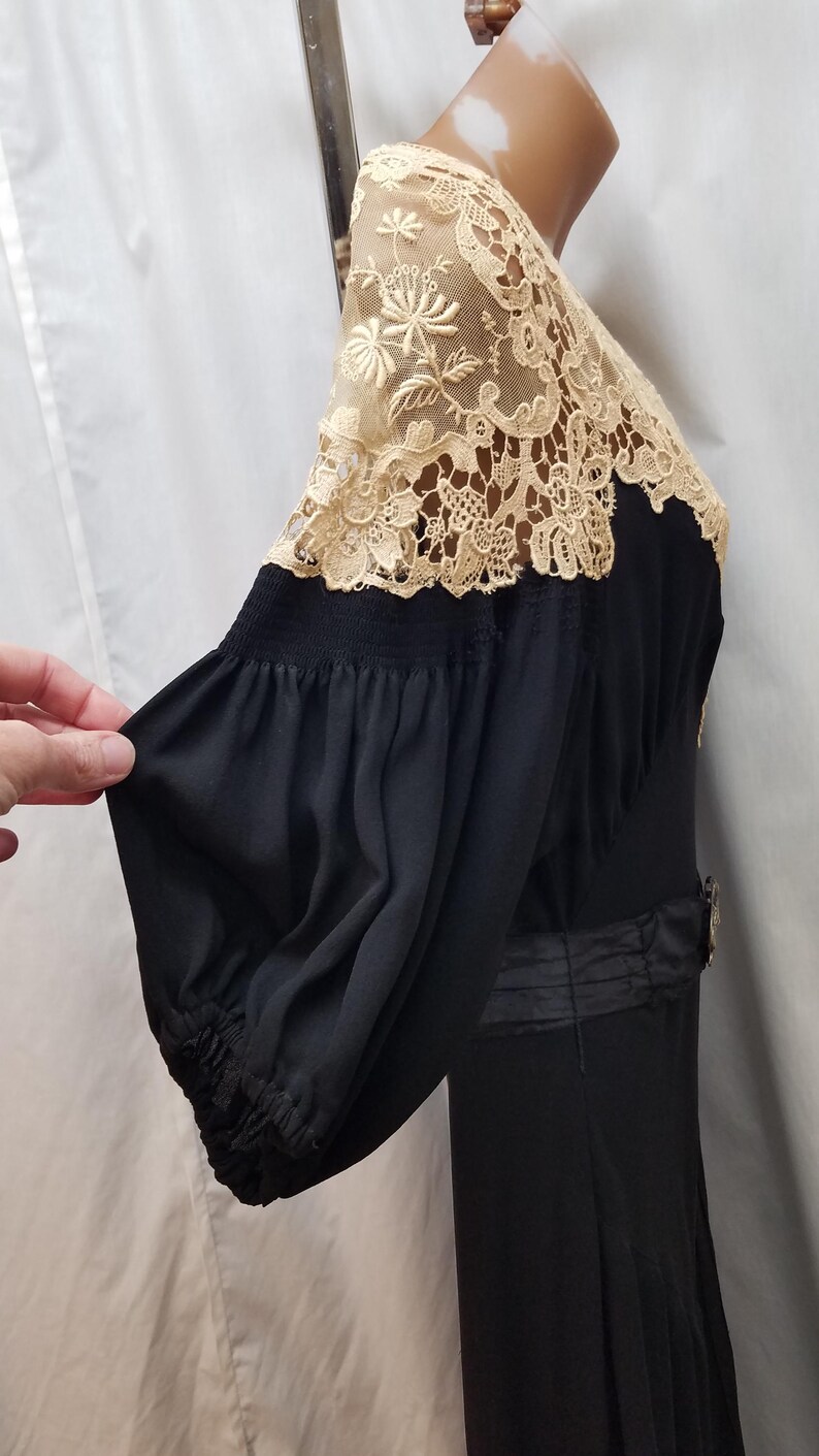 Vintage 1930s Elegant Black Crepe Antique Lace Trim Glamour Dress Bias ...