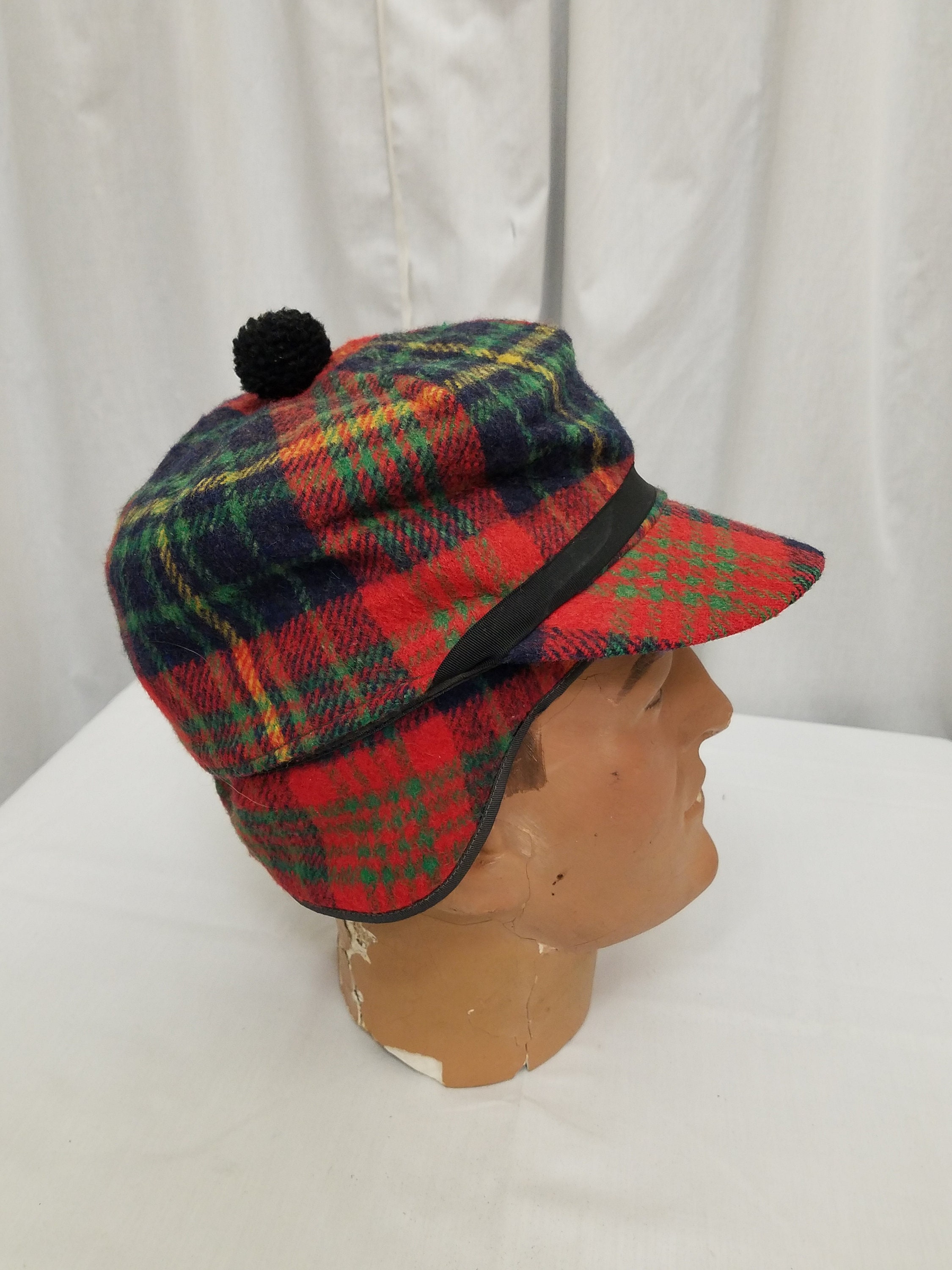 Vintage 1970's Red, Green, Black Plaid Hunting Cap Wool W Vintage 1970's Red, Green, Black Plaid Hunting Cap Wool W