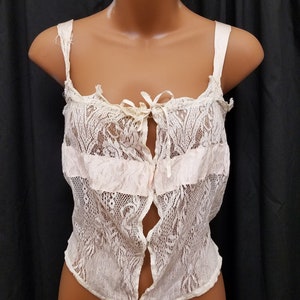 Antique Cream Cotton and Pink Sheer Dainty Camisole - Edwardian Camisole with Ribbon and Lace. Measurements Below