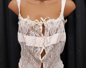 Antique Cream Cotton and Pink Sheer Dainty Camisole - Edwardian Camisole with Ribbon and Lace. Measurements Below