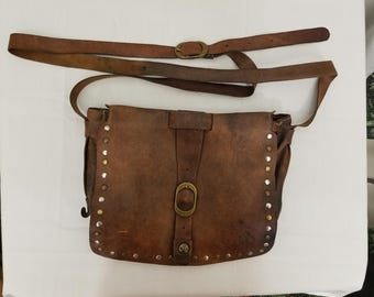 Vtg 1970s Patricia Nash Brown Soft Leather Studded Handbag Shoulder Bag Boho Hippie 13 x 9 Inches Cross Body Bag Adjustable Strap