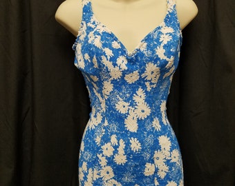 Vintage 1960's Jantzen Blue & White Floral Lace Swim Suit Women's One Piece Swimming Suit Playsuit