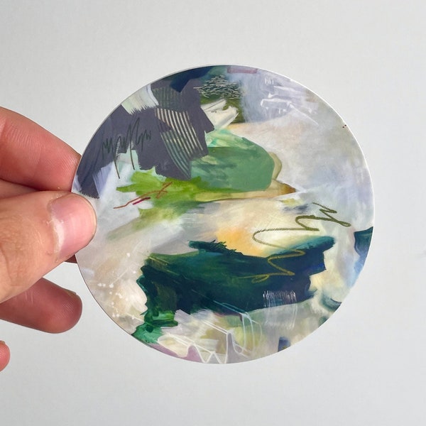 Green and Yellow Abstract Sticker.  Original fine art unique circle laptop sticker.