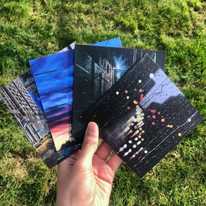 Original art card set of 4 cityscapes painted by Tanner Bosma