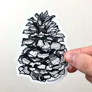 May include: Black and white line art sticker of a pine cone. The sticker has a detailed design and the text "@tannerbosmaart" at the bottom.