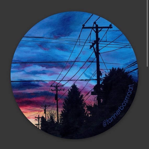 Original art (painting) Vinyl Die Cut Sticker: "Down the Road" Telephone pole lines and a sunset.