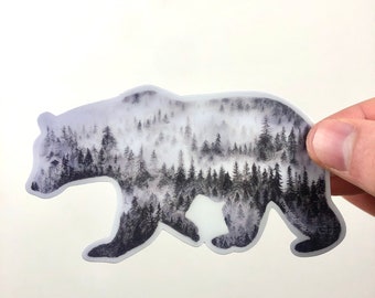 Bear with Pine Trees Original Art (Drawing) Vinyl Die Cut Sticker: Black and White.