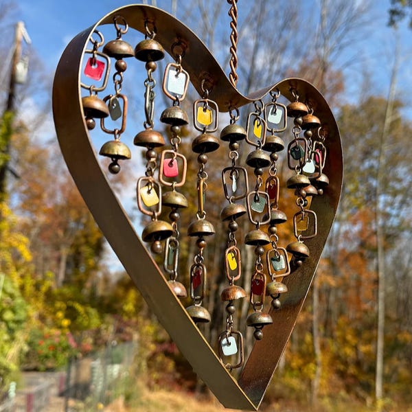 Heart Wind Chime, Hanging Garden Ornament, Metal Wind Chimes Outdoor, Garden Decoration, Patio Accent, Farmhouse Yard Art, Romantic Gift