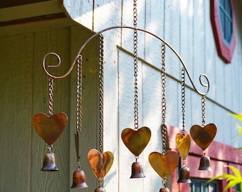 Heart Wind Chime, Outdoor Metal Wind Chime, Rustic Garden Decor, Hanging Heart Bells, Farmhouse Yard Art, Patio Porch Accent