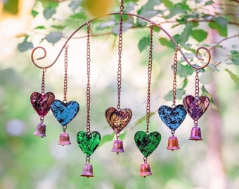 Multicolor Heart Wind Chime, Metal Wind Chimes, Hanging Heart Ornament, Outdoor Garden Decor, Patio Accent, Cottage Garden Art, Yard Décor