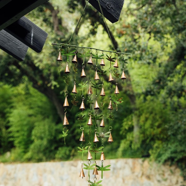 Dragonfly Wind Chime, Outdoor Metal Wind Chime, Copper Garden Decor, Verdigris Hanging Bells, Patio Porch Ornament, Dragonfly Gift