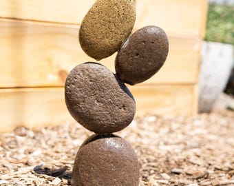 13 Inch Flat Stone Cairn Sculpture, Zen Garden Rock Art, Handcrafted Outdoor Yard Decor, Balanced Stone Statue, Housewarming Gift