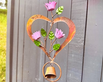Flowers on Heart Garden Stake, Handcrafted Metal Outdoor Decor, Spring Garden Gift, Farmhouse Home Accent, Whimsical Bell Garden Art