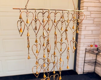 Shimmering Bells with Hearts Mobile Wind Chimes, Home Decor, Hanging Wall Decor, Hearts Decoration, Wind Chimes, Metal Art, Rustic Art, Yard