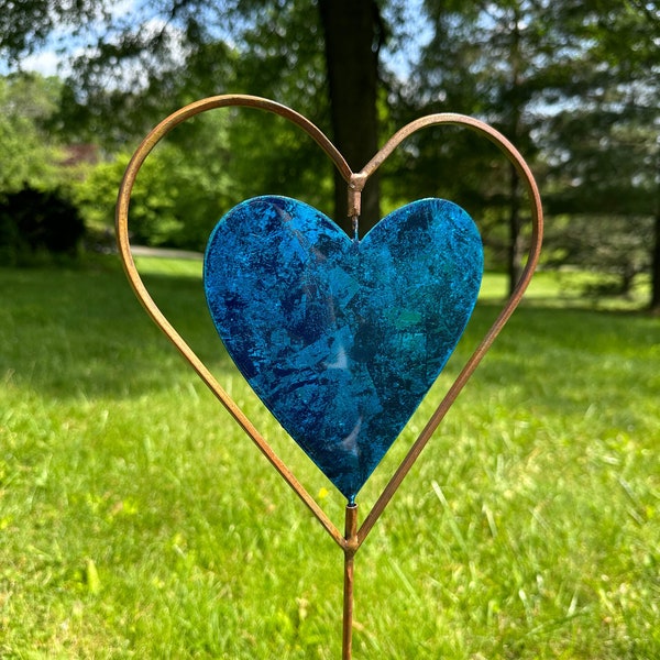 Estaca de jardín con forma de disco de corazón azul, estaca para plantas, decoración de jardín, estaca para paisajismo, herramientas de jardinería, regalo para jardineros, regalo para mamá, jardín